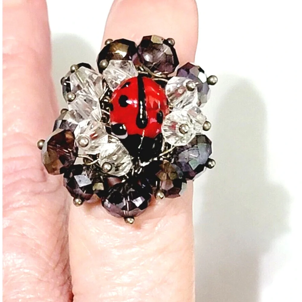 Chunky Ladybug Ring‎ Glass Adjustable Purple Red Statement Jewelry r-9